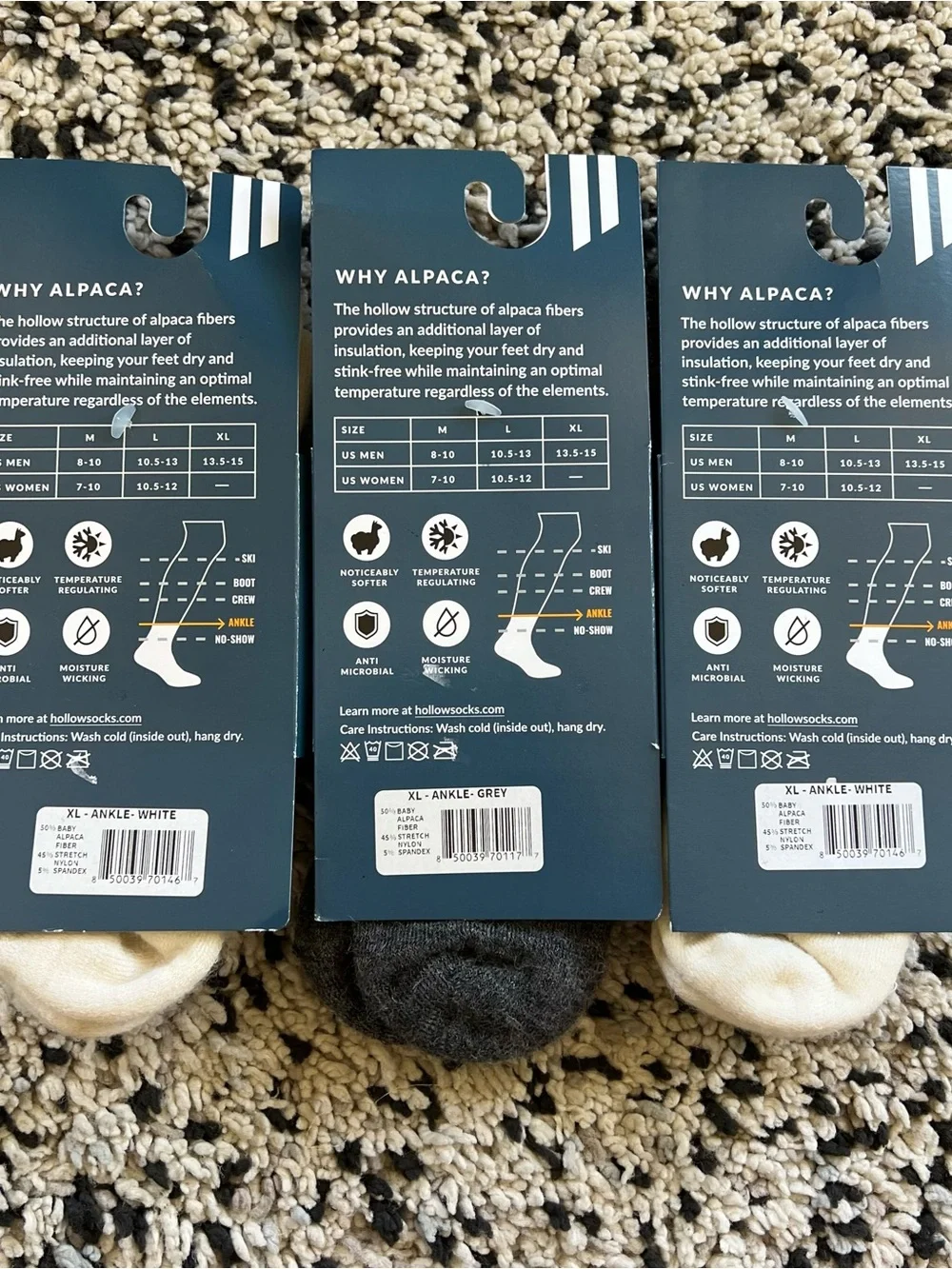 Hollow Alpaca Ankle Socks Lot of 3 Pair White Grey Size XL